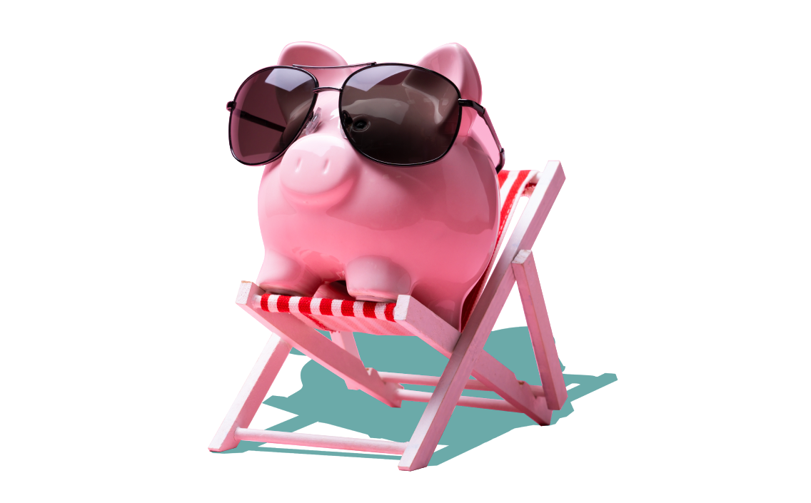 Koodo Piggy Bank in a lawn chair wearing sunglasses