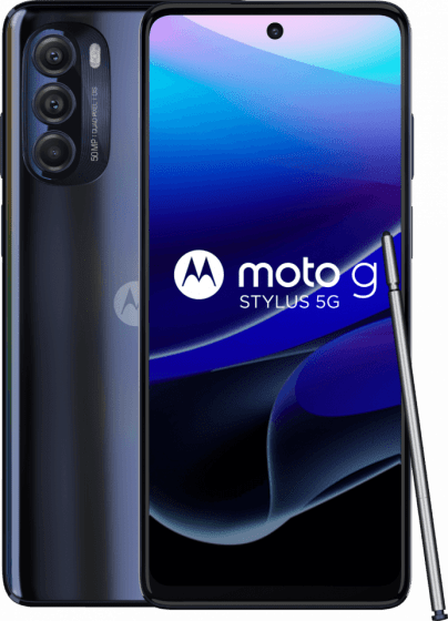 Motorola Milan 5G Stylus angled front and back