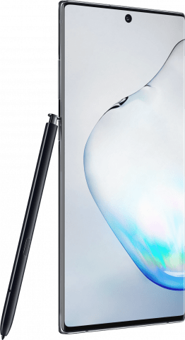 Samsung Galaxy Note10+ Aura Black angled with pen